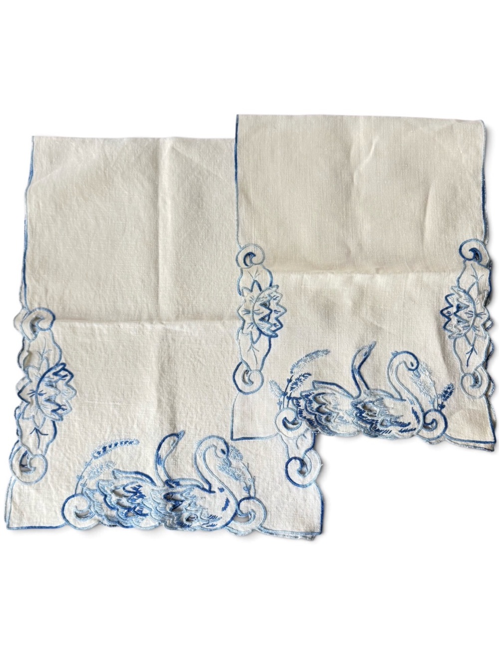 Vintage Pair of Swans Embroidered Cutwork Small Table Runners Blue Ecru Linen